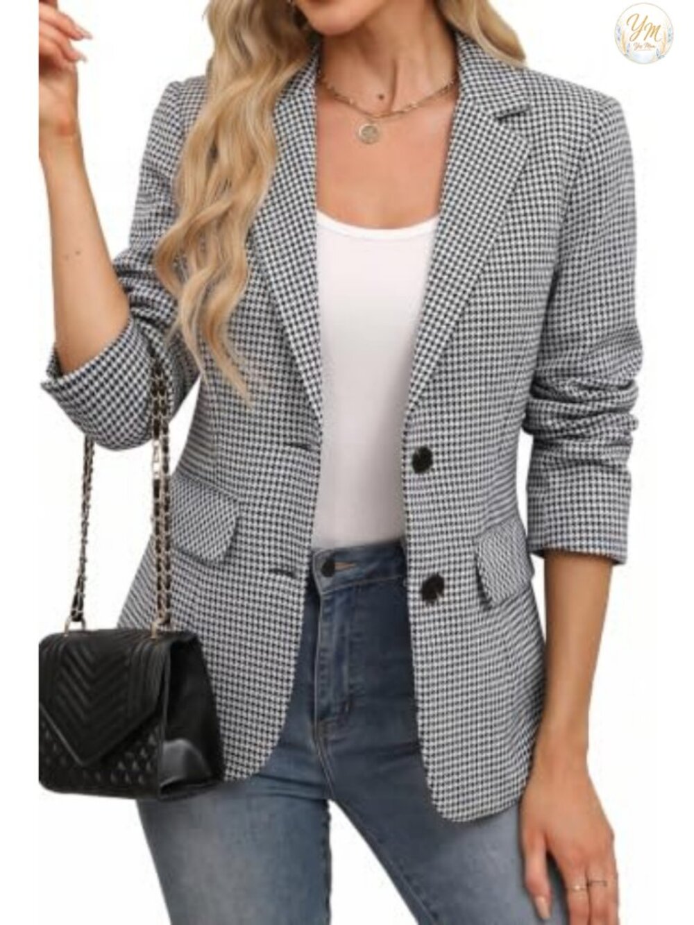 Women's Plaid Houndstooth Blazer Business Casual Notch Collar Long Sleeve